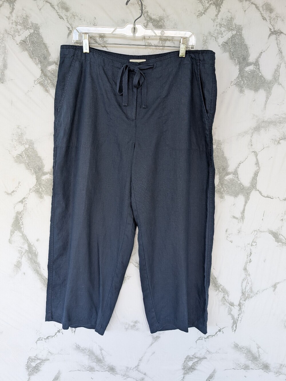 Eileen Fisher Organic Linen Navy Wide Leg Pull On Pants Women's Size Large